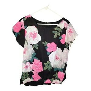 INC International Concepts Womens Blouse Xl Black White Pink Floral Short Sleeve